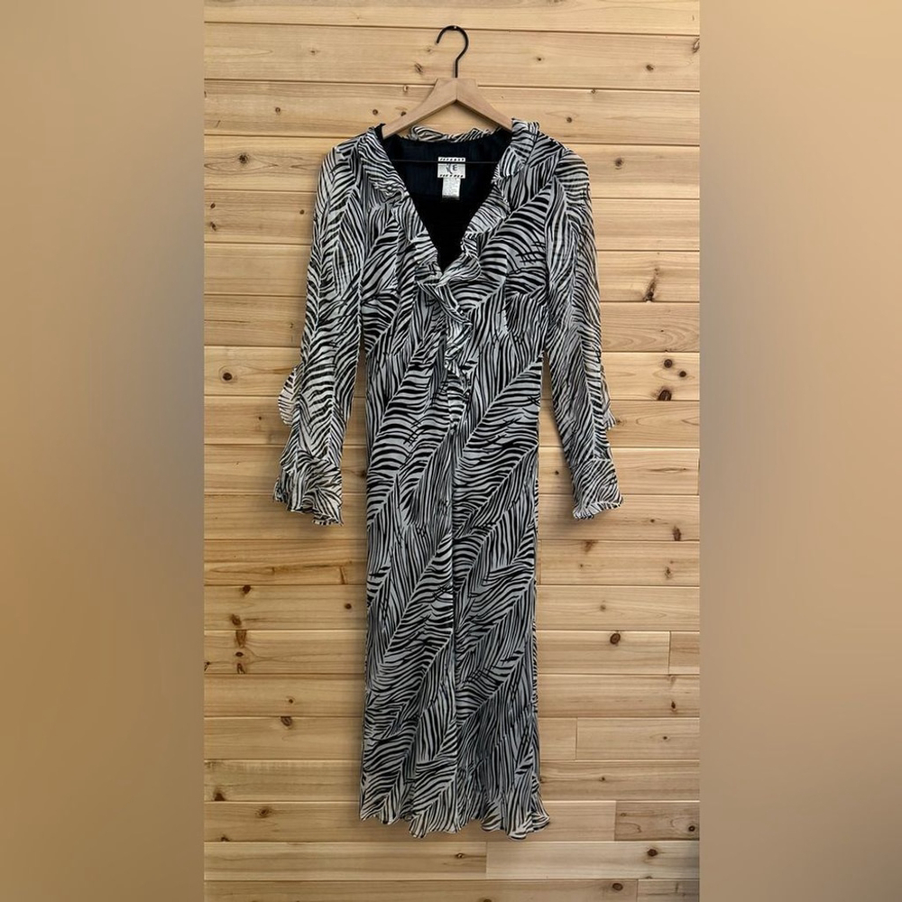 Vintage Y2K ICE Size 8 Zebra Print Ruffled Edge Midi Dress Mobwife Long Sleeve